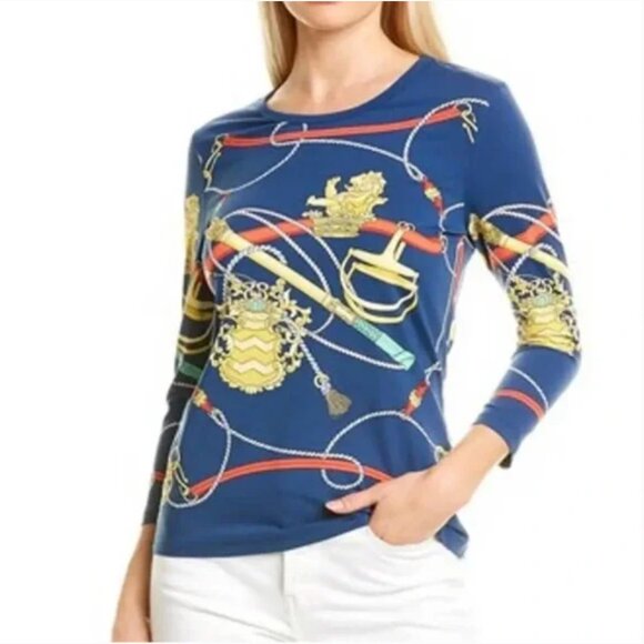 J McLaughlin Catalina Cloth Blue Equestrian Lion Rope Signature 3/4 Sleeve Tee - Picture 1 of 13